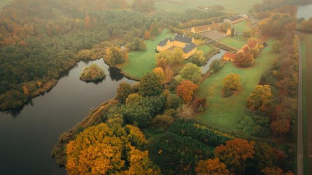 En dronefoto af efterårsfarvet skov der omgiver en gul herregård der ligger ned til vandet. 