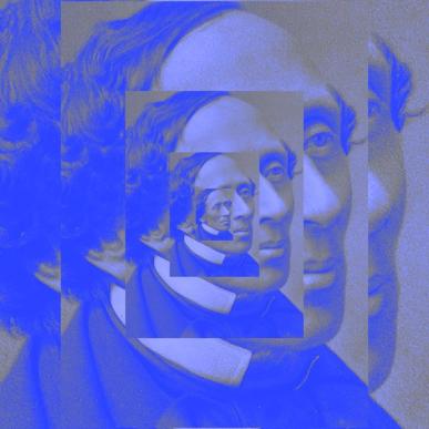 Grafik baseret på portræt af H. C. Andersen i blåtoner