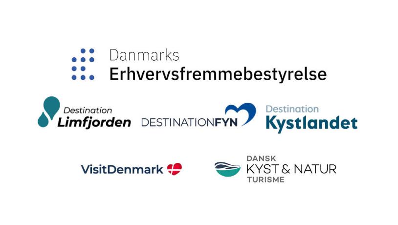 Logoer med alle dem som projektet er støttet af: Danmarks Erhvervsfremmebestyrelse, Destination Limfjorden. Destination Fyn, Destination Kystlandet, VisitDenmark og Dansk Kyst og Natur Turisme