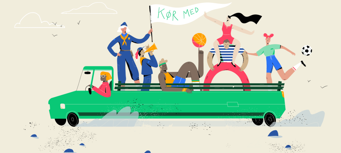 Illustration af grøn vogn med mennesker ombord og et skilt med "Kør med".