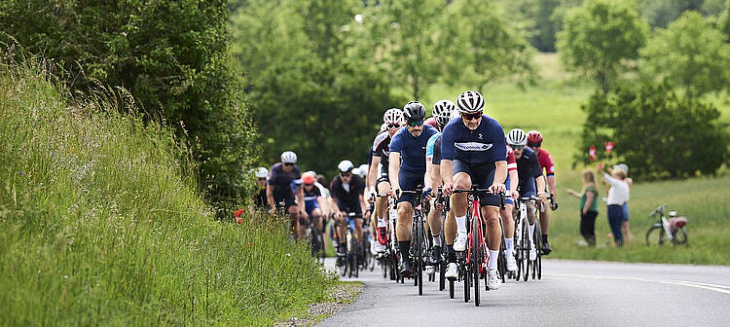 En flok cykelryttere på vej op ad bakke på asfaltvej med grønne marker og træer omkring dem. Et par tilskuere hepper i vejkanten.