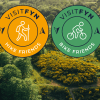 Svanninge bakker med grønt græs og grønne træer og grafiske logoer for bike og hike friends-konceptet