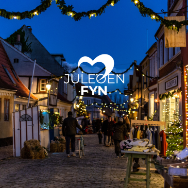 Gade med julelys og påsat logo af Juleøen Fyn ind over