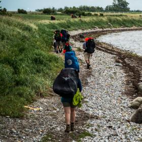 Fire vandrere med oppakning og sommertøj på en stenstrand ned til havet. 